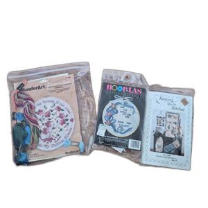 Lot 3 Vintage Embroidery Kits WonderArt Flowers in Bloom Hooplan Cat Talk 90s